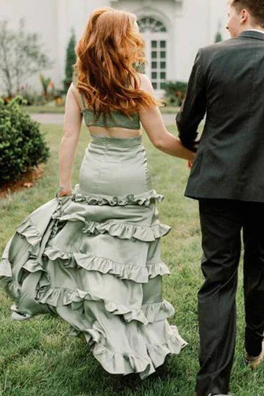 Soft Sage‑Green Mermaid V‑Neck Spaghetti‑Strap Cut‑Out‑Back Floor‑Length Prom Dress