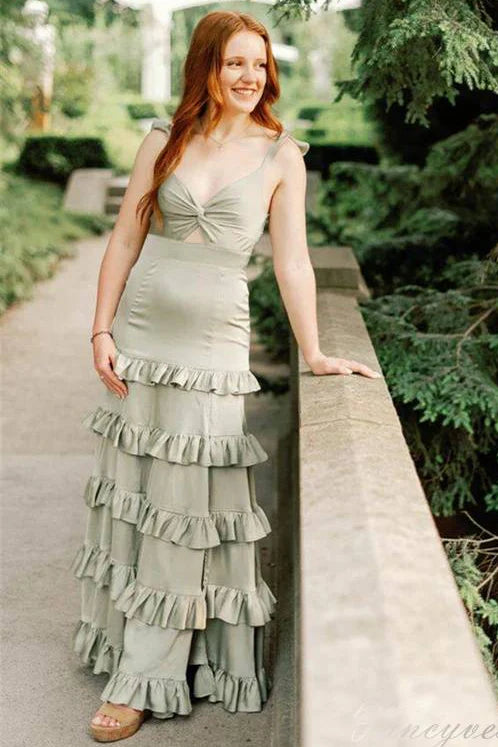 Soft Sage‑Green Mermaid V‑Neck Spaghetti‑Strap Cut‑Out‑Back Floor‑Length Prom Dress