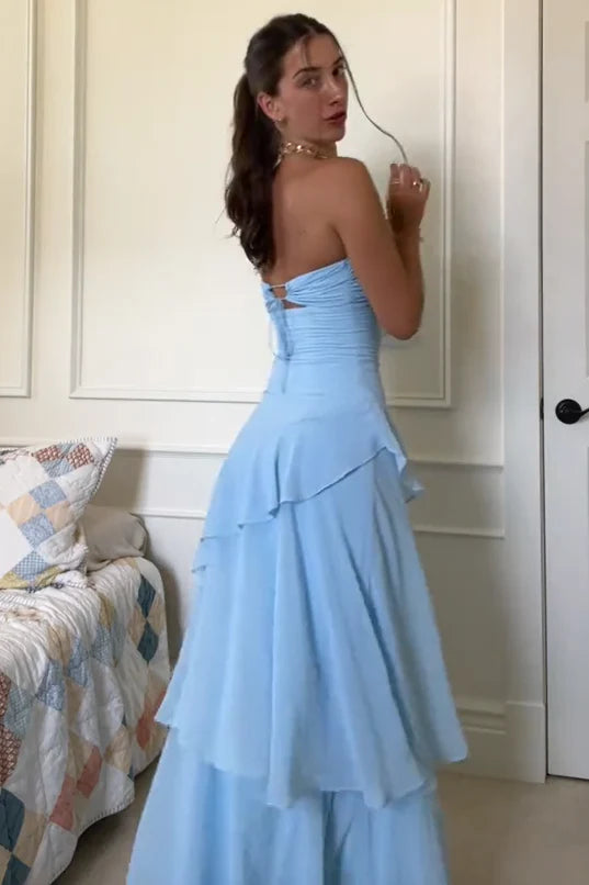 Soft Sky‑Blue A‑Line Strapless Sweetheart Tie‑Back Floor‑Length Prom Dress