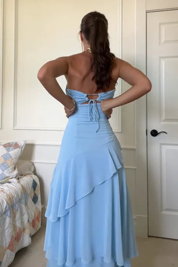 Soft Sky‑Blue A‑Line Strapless Sweetheart Tie‑Back Floor‑Length Prom Dress