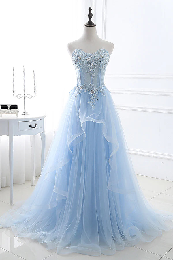 Soft Sky‑Blue A‑Line Sweetheart Strapless Lace‑Up‑Back Floor‑Length Prom Dress