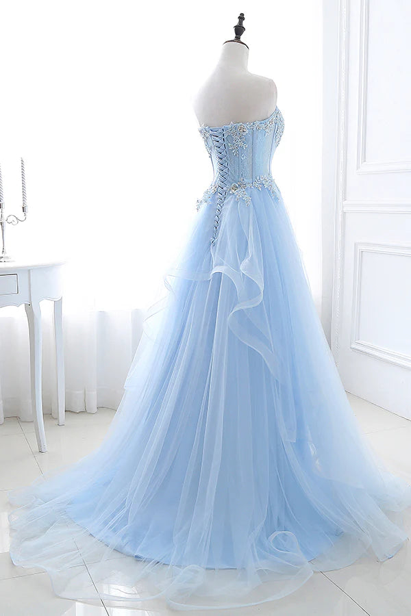 Soft Sky‑Blue A‑Line Sweetheart Strapless Lace‑Up‑Back Floor‑Length Prom Dress