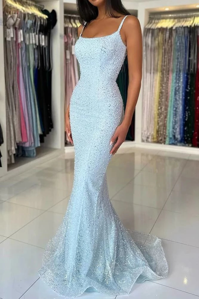 Soft Sky‑Blue Mermaid Square‑Neck Spaghetti‑Strap V‑Back Full‑Beaded Floor‑Length Prom Dress
