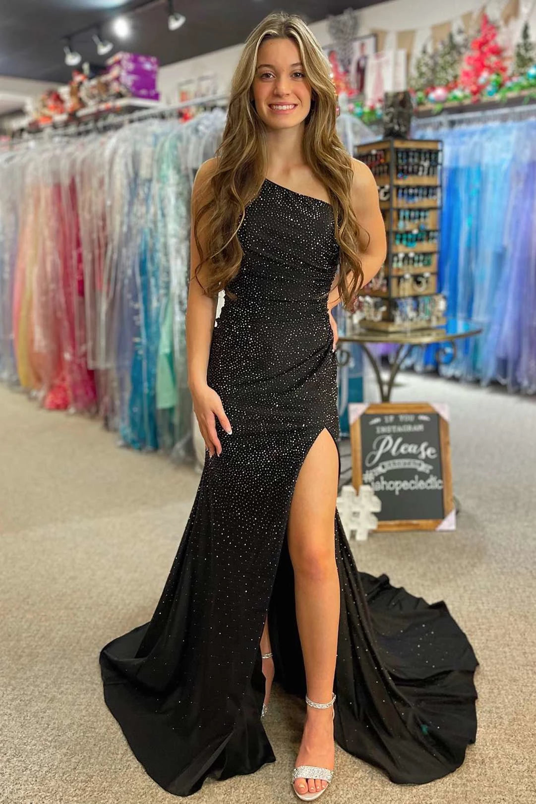 Sparkling Black Mermaid One‑Shoulder Double‑Strap‑Back Cutout Floor‑Length Prom Dress