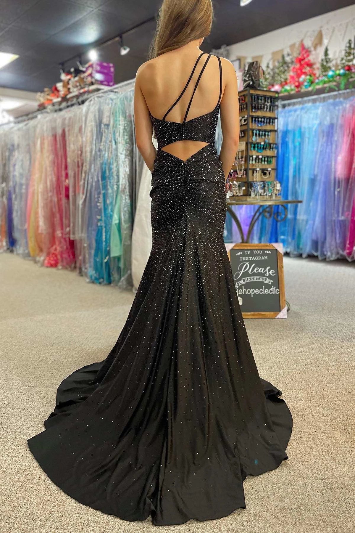 Sparkling Black Mermaid One‑Shoulder Double‑Strap‑Back Cutout Floor‑Length Prom Dress