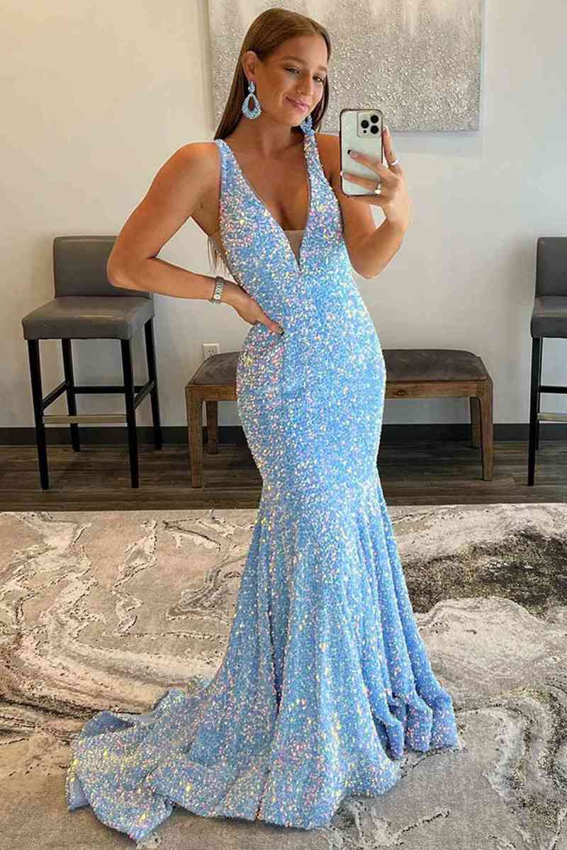 Sparkling Sky‑Blue Mermaid Spaghetti‑Strap Deep‑V Plunge‑Back Floor‑Length Sequin Prom Dress