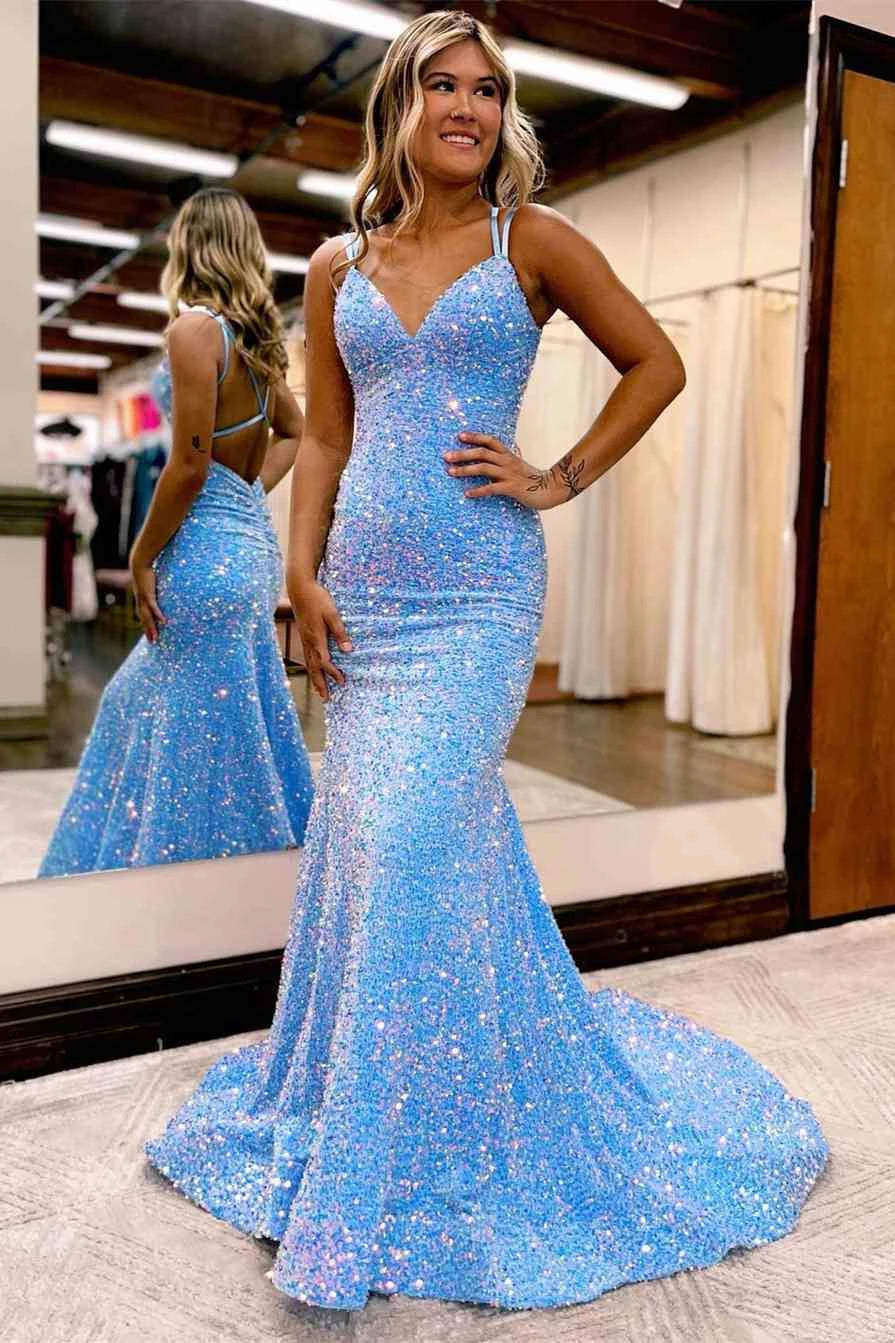 Sparkling Sky‑Blue Mermaid V‑Neck Spaghetti‑Strap Crisscross‑Back Floor‑Length Prom Dress