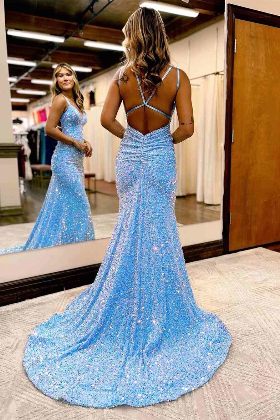 Sparkling Sky‑Blue Mermaid V‑Neck Spaghetti‑Strap Crisscross‑Back Floor‑Length Prom Dress