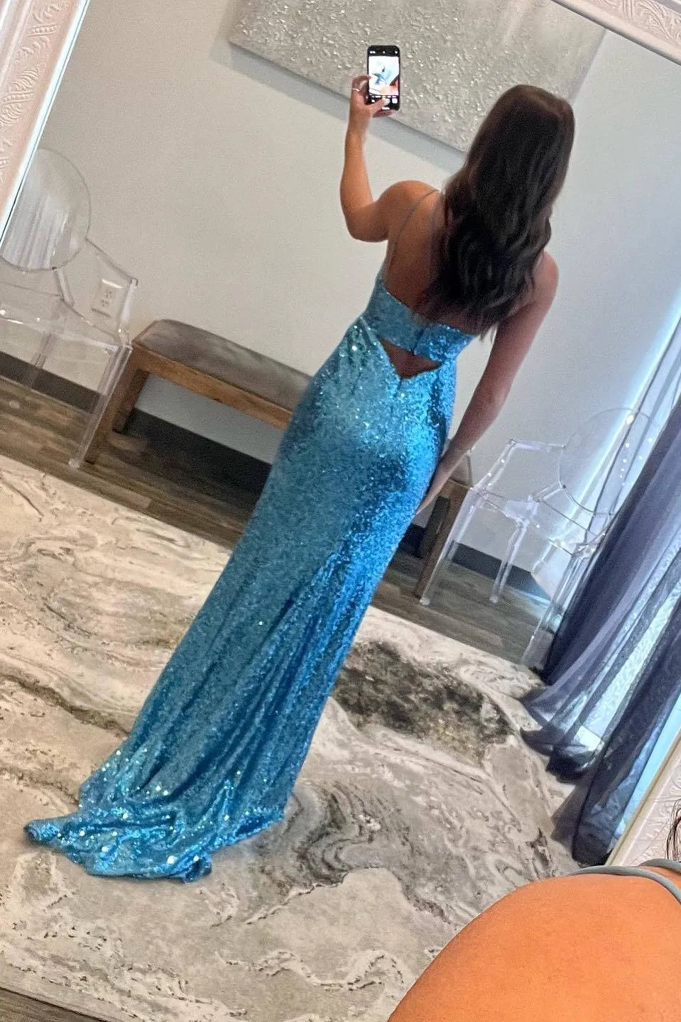 Sparkling Turquoise Mermaid Spaghetti‑Strap Keyhole‑Cutout Open‑Back Floor‑Length Sequin Prom Dress