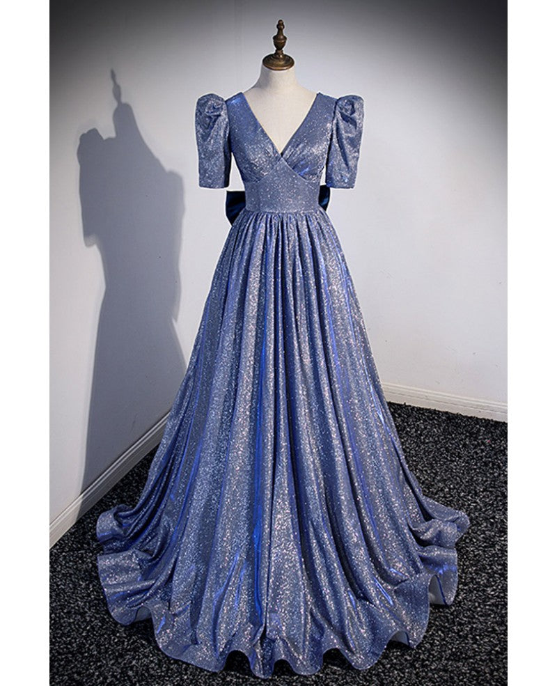 Funkelndes, meerblaues, kurzärmliges Abendkleid mit Schleife und Pailletten