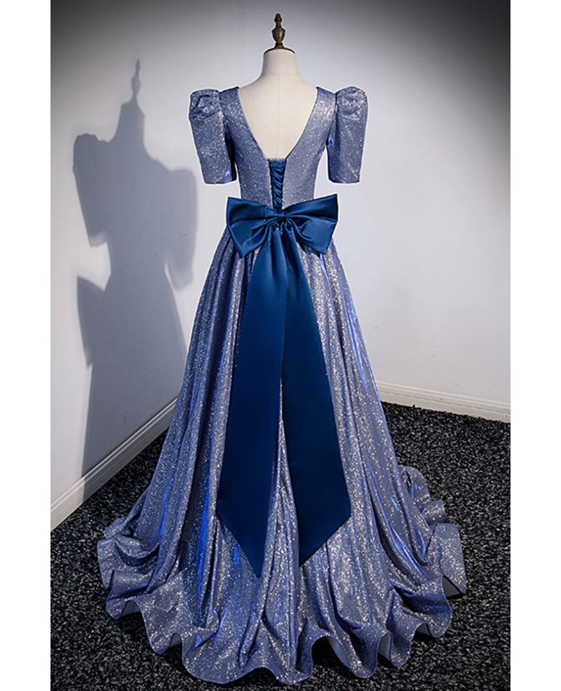 Funkelndes, meerblaues, kurzärmliges Abendkleid mit Schleife und Pailletten