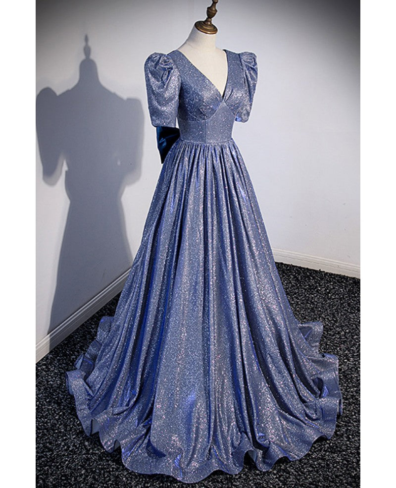 Funkelndes, meerblaues, kurzärmliges Abendkleid mit Schleife und Pailletten