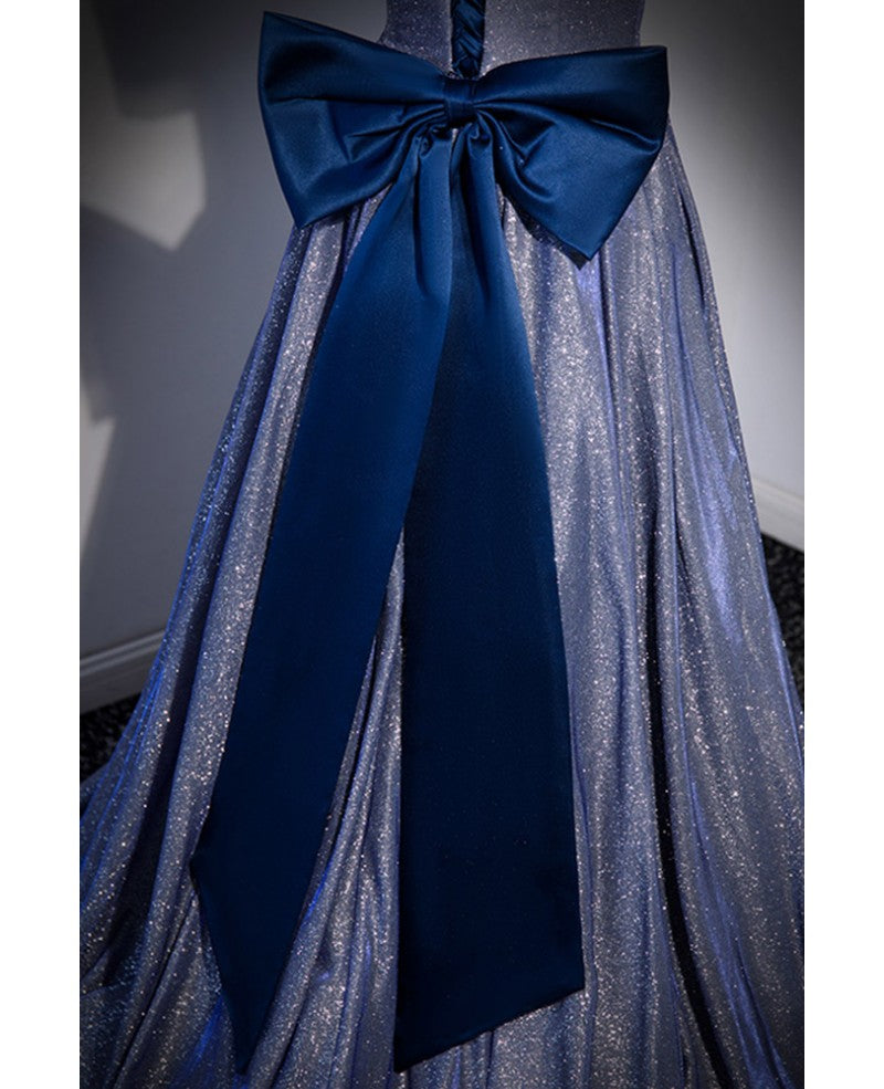 Funkelndes, meerblaues, kurzärmliges Abendkleid mit Schleife und Pailletten