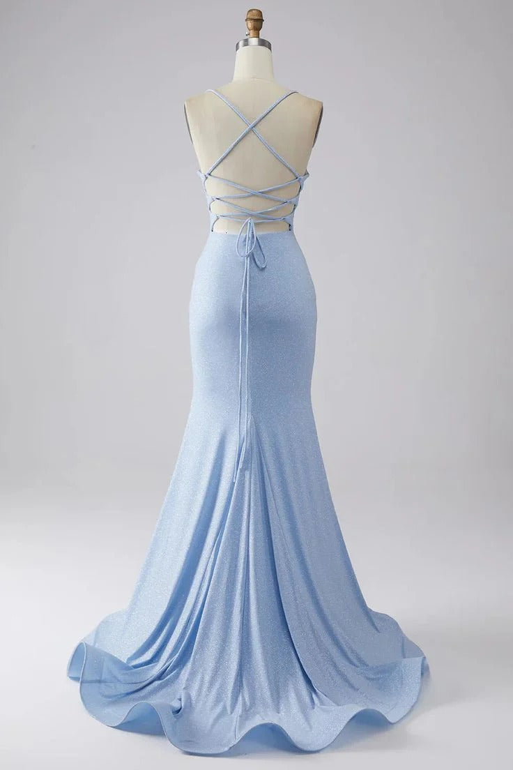 Sparkly Mermaid Cowl Neck Sleeveless Crisscross Back Long Evening Dress