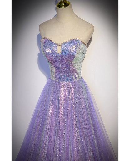 Sweet sequins lavender princess tight fitting corset with sleeveless beaded pearl sequin evening dress lavender color backless and floor length prom dress