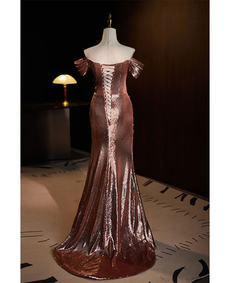 Robe de danse élégante et noble à paillettes de café à manches courtes et épaules dénudées, fente avant à paillettes de café, bretelles ouvertes dans le dos, robe de soirée sirène et longueur au sol