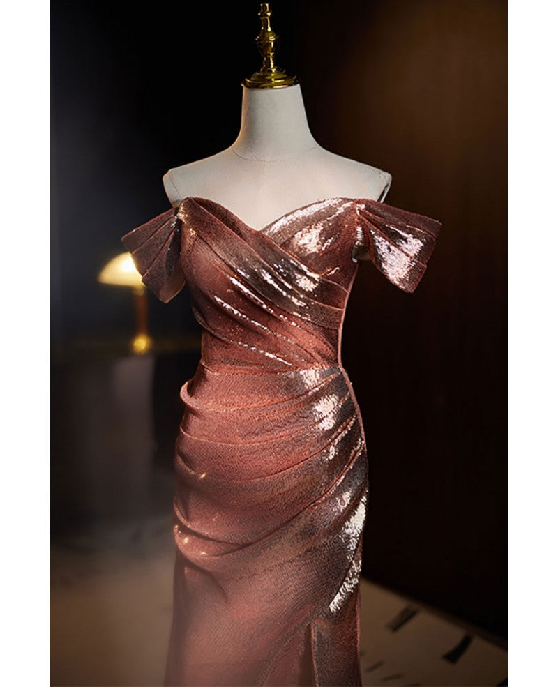 Robe de danse élégante et noble à paillettes de café à manches courtes et épaules dénudées, fente avant à paillettes de café, bretelles ouvertes dans le dos, robe de soirée sirène et longueur au sol