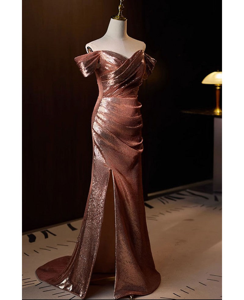 Robe de danse élégante et noble à paillettes de café à manches courtes et épaules dénudées, fente avant à paillettes de café, bretelles ouvertes dans le dos, robe de soirée sirène et longueur au sol