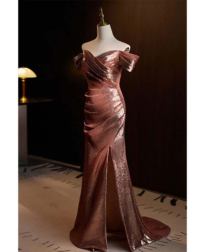 Robe de danse élégante et noble à paillettes de café à manches courtes et épaules dénudées, fente avant à paillettes de café, bretelles ouvertes dans le dos, robe de soirée sirène et longueur au sol