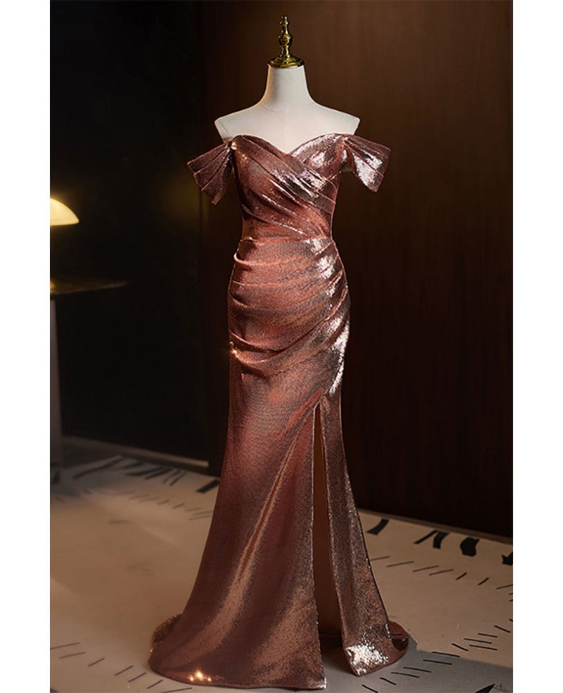 Robe de danse élégante et noble à paillettes de café à manches courtes et épaules dénudées, fente avant à paillettes de café, bretelles ouvertes dans le dos, robe de soirée sirène et longueur au sol
