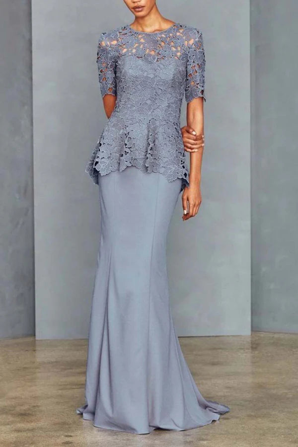 Kleid für die Brautmutter mit einem Kragen und kurzen Ärmeln und Fischschwanz-Schnitt