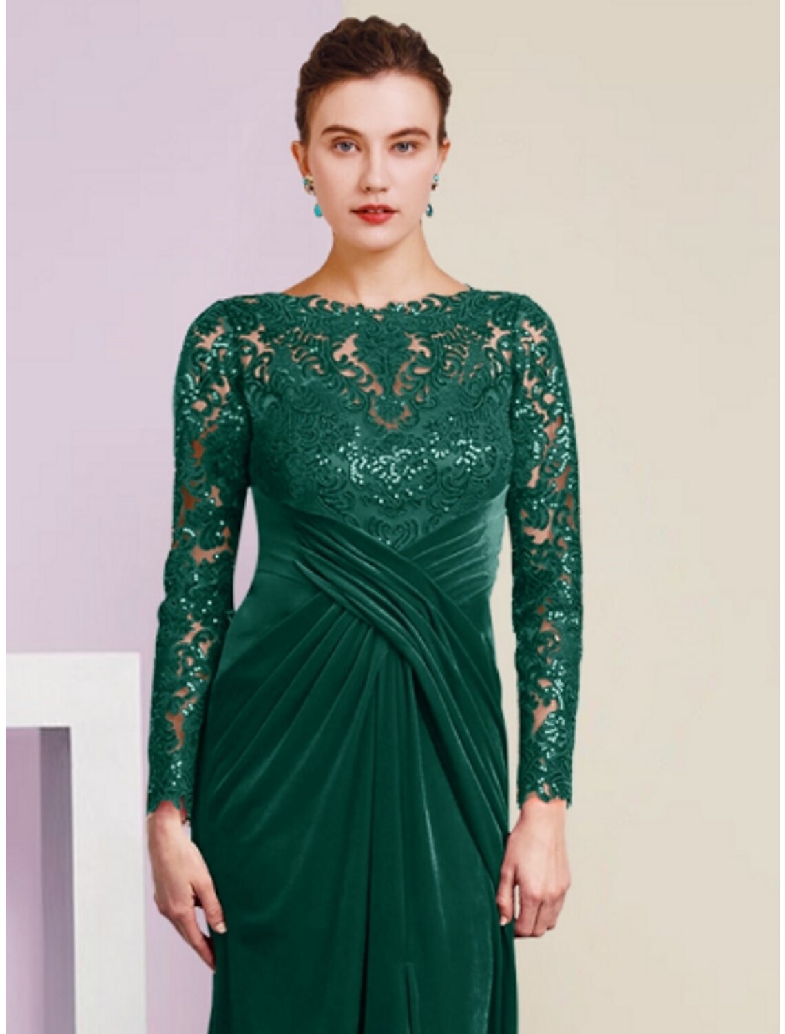 A-Linien-Kleid für die Mutter der Braut, Hochzeitsgast-Party, eleganter U-Ausschnitt, bodenlang, Samt, lange Ärmel mit Spitze, Pailletten, Schlitz vorne