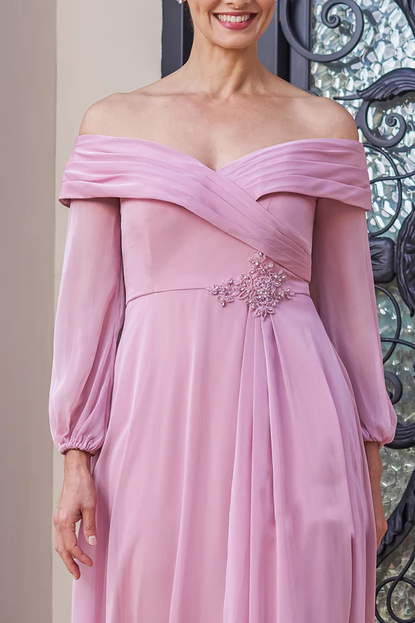 Beautiful asymmetrical collar chiffon with pleated A-line mother of the bride dress