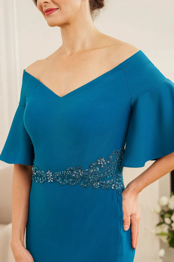 Enchanting Soft Crepe Fit Portrait Collar Soft Round Ruffle Sleeves Mother of the bride Dress