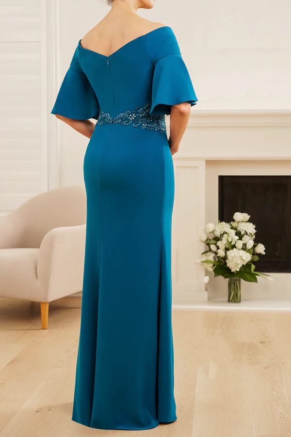 Robe de mère de la mariée en crêpe doux et ravissante, col portrait, manches rondes à volants