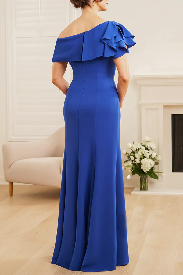 Superbe tissu crêpe doux et extensible qui s'adapte parfaitement à une épaule avec un col à bord de feuille de lotus pour la robe de la mère de la mariée