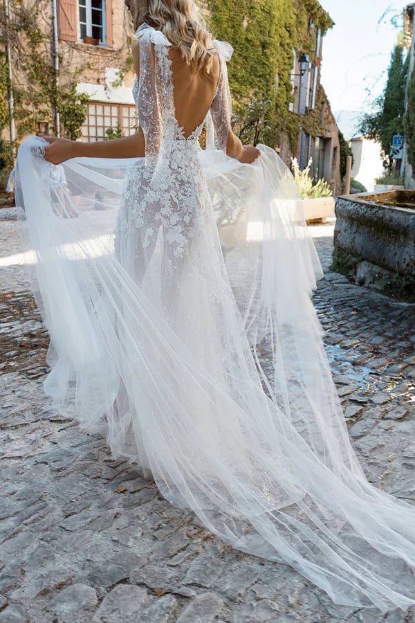 A-line illusion V-neck lace decal Bohemian style wedding dress with slit bride dress