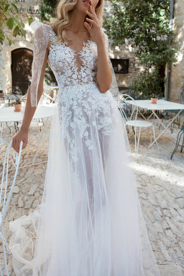 A-line illusion V-neck lace decal Bohemian style wedding dress with slit bride dress