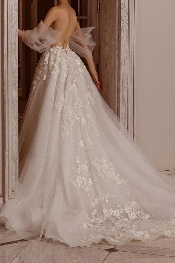 Robe de mariée trapèze en dentelle avec appliques, style champêtre