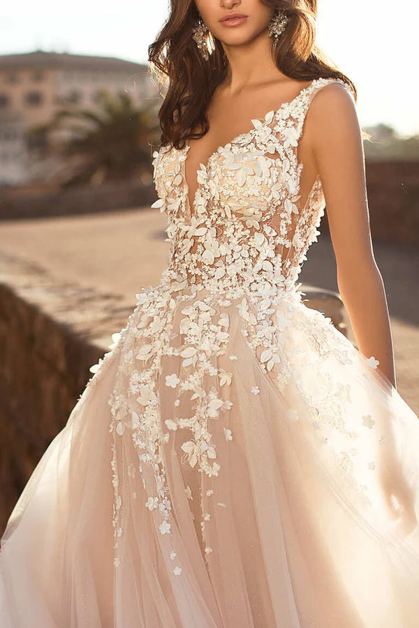 Robe de mariée décontractée de style champêtre avec des autocollants en dentelle 3D sur le cou