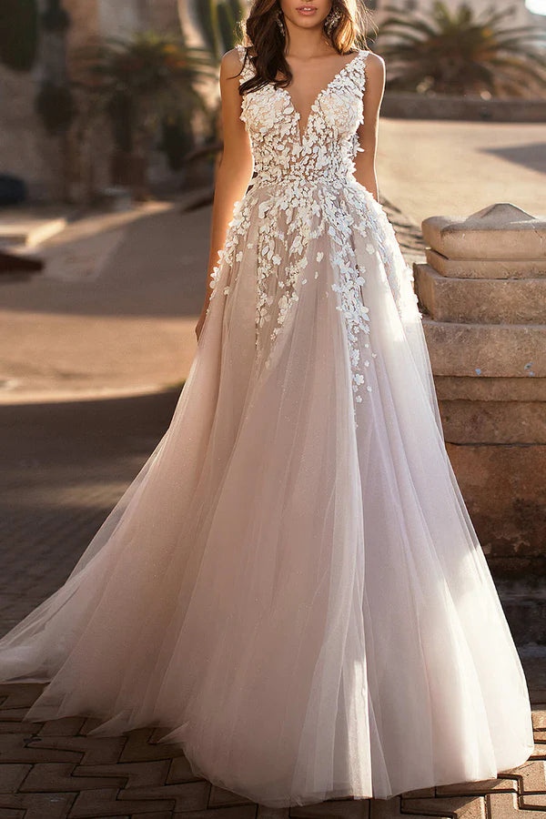 Robe de mariée décontractée de style champêtre avec des autocollants en dentelle 3D sur le cou