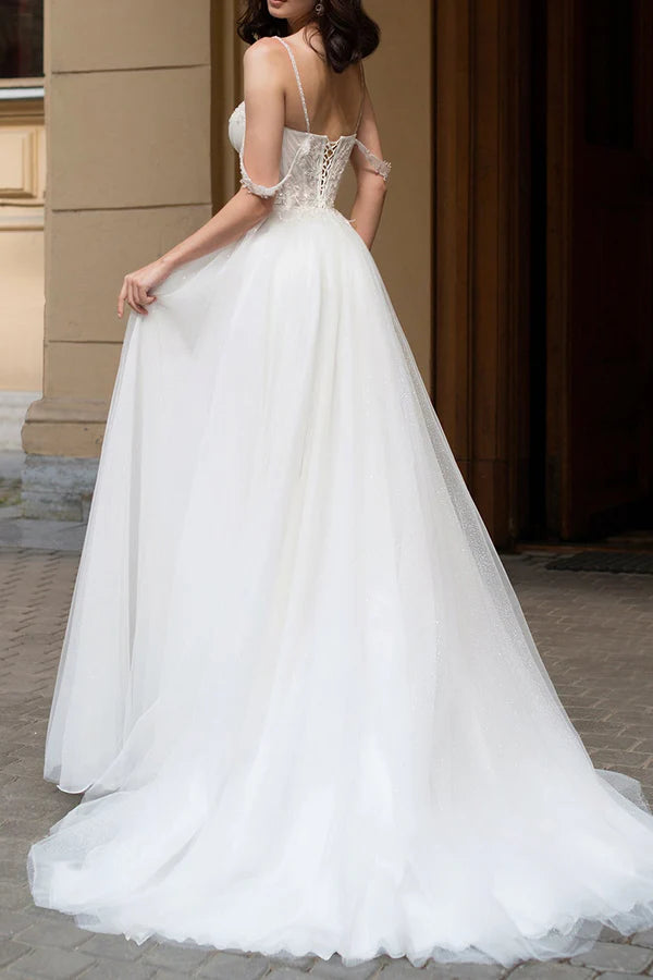 Robe de mariée sexy à col en V profond et fente latérale perlée de style pastoral