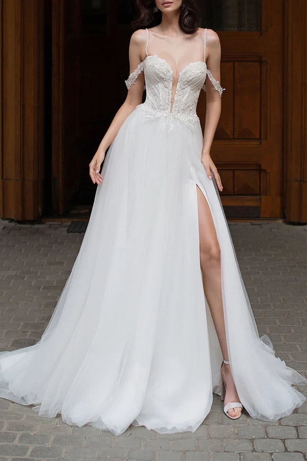 Robe de mariée sexy à col en V profond et fente latérale perlée de style pastoral
