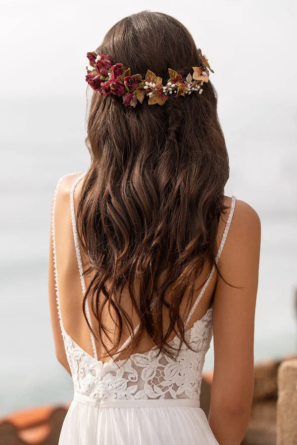 A-line V-neck lace decal side slit bohemian beach wedding dress