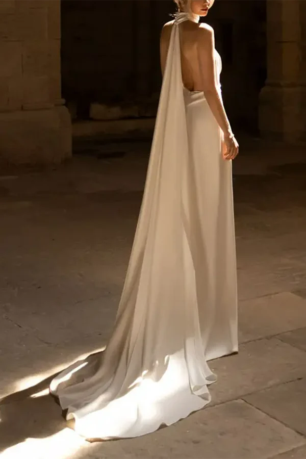 A Line Unique Hanging Neck Sexy Open Back Bohemian Style Wedding Dress with Sweeping Train