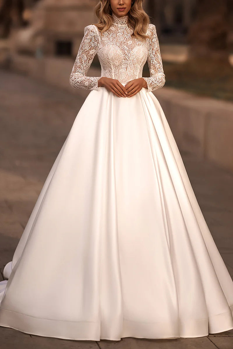 A Line High Neck Lace Long Sleeve Country Style Pocket Wedding Dress