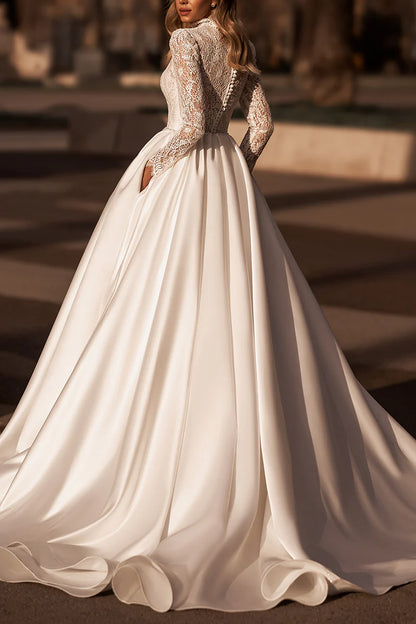 A Line High Neck Lace Long Sleeve Country Style Pocket Wedding Dress