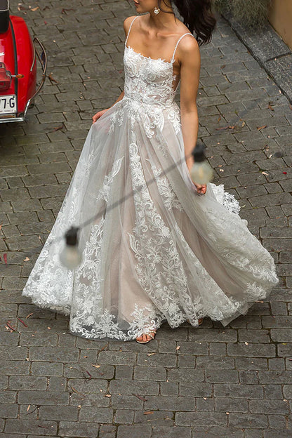 A Line thin shoulder strap lace wedding dress Bohemian style wedding dress