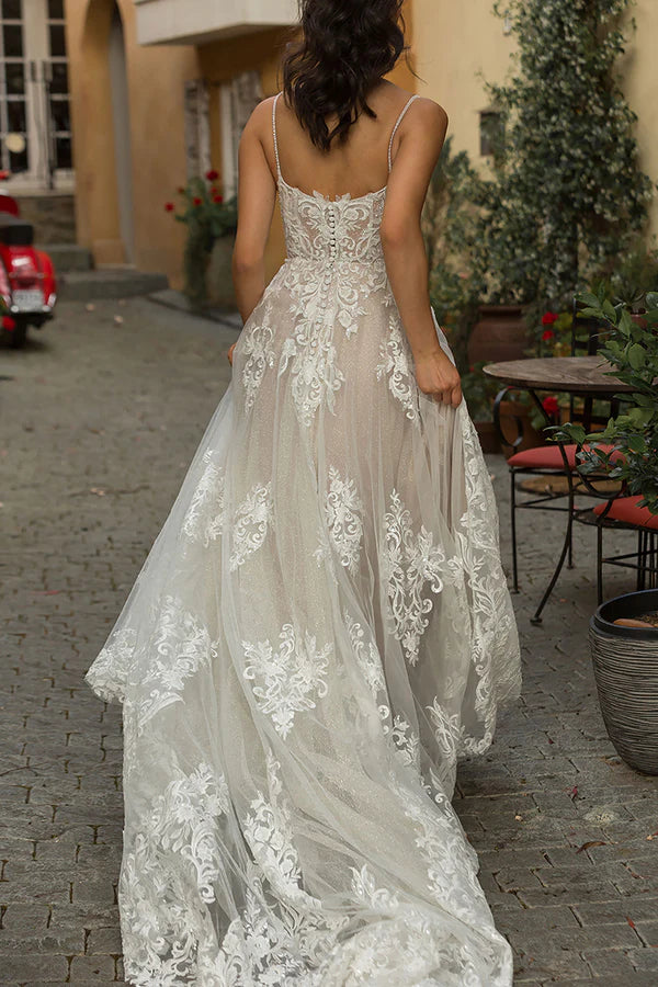 A Line thin shoulder strap lace wedding dress Bohemian style wedding dress