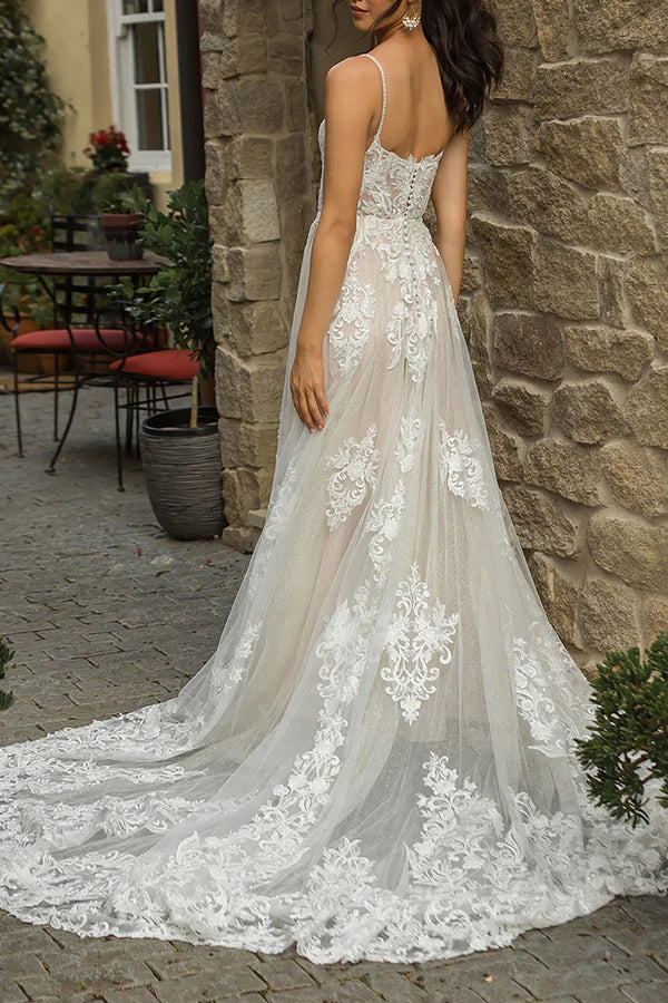 A Line thin shoulder strap lace wedding dress Bohemian style wedding dress