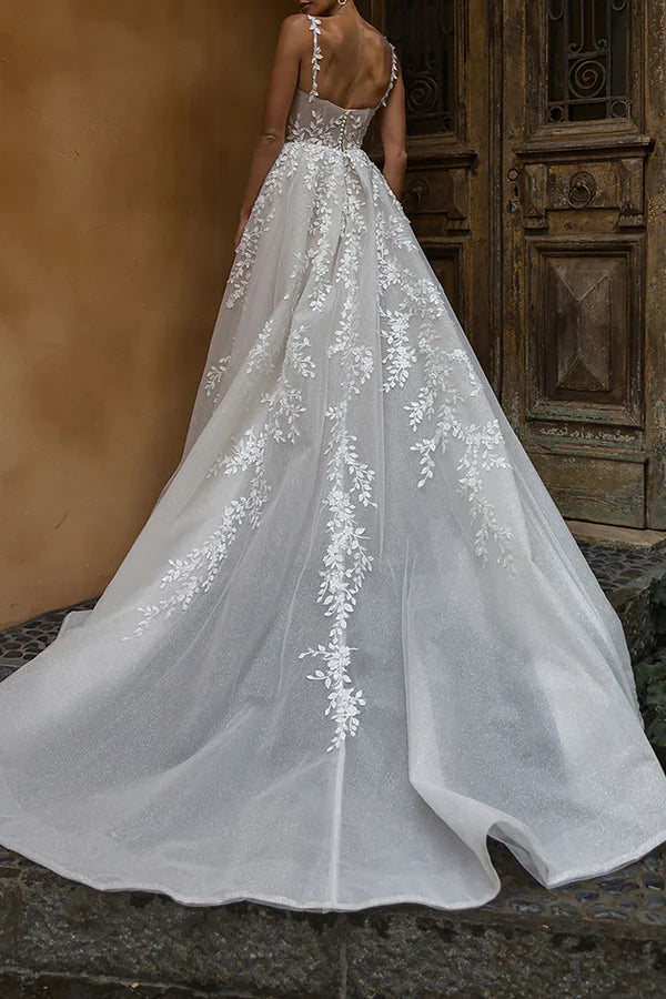 Robe de mariée fendue de style rural en dentelle carrée