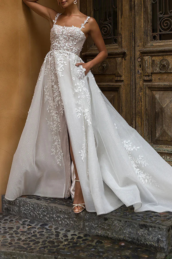 Robe de mariée fendue de style rural en dentelle carrée