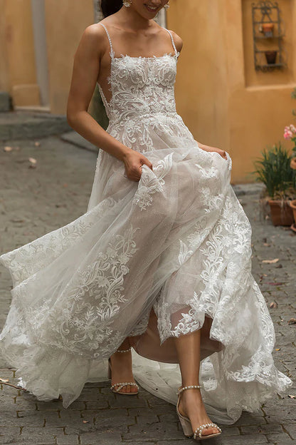 A Line thin shoulder strap lace wedding dress Bohemian style wedding dress