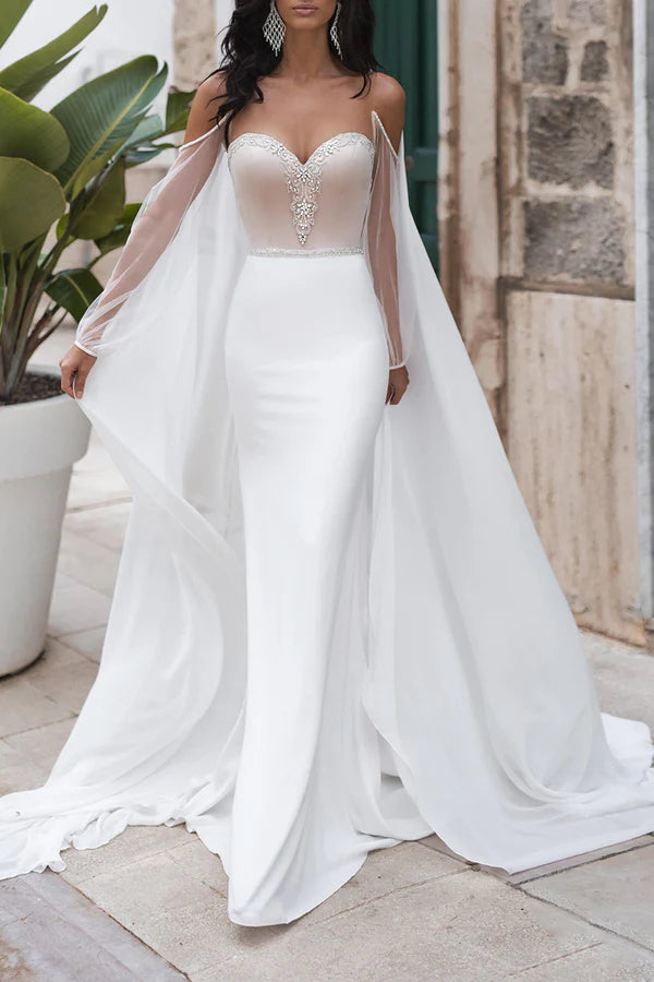 Robe de mariée queue de poisson, robe de mariée de style bohème avec perles douces et bretelles châle amovibles