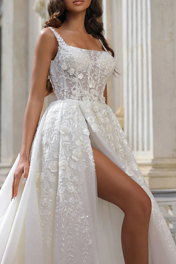 Robe de mariée rurale en dentelle à décolleté carré en forme de A, décolleté en V ...