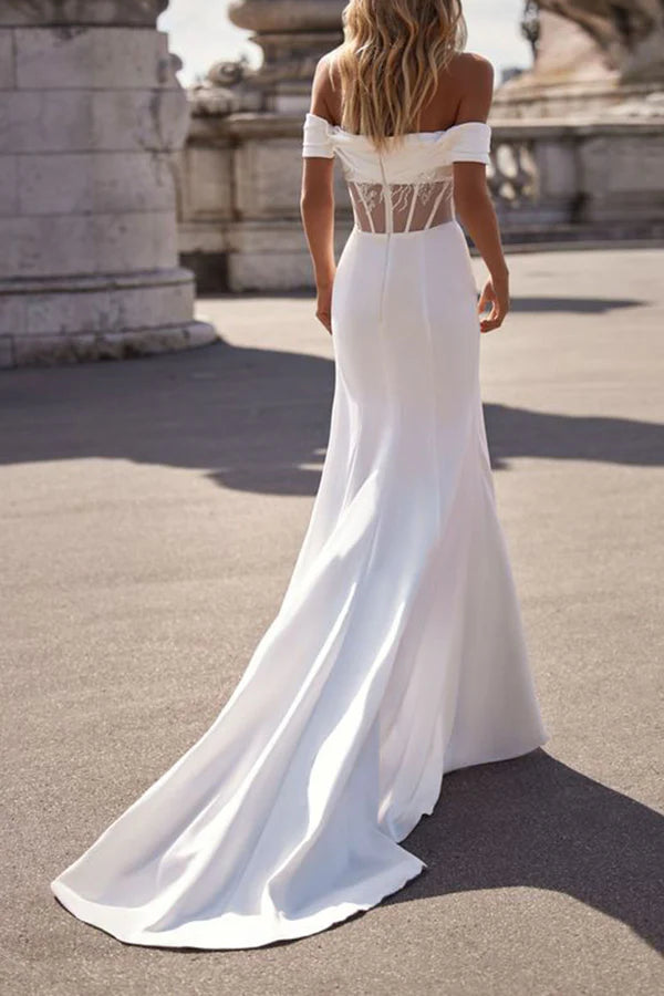Trägerloses, plissiertes, kurzärmeliges Brautkleid im Bohemian-Stil im Meerjungfrauenstil